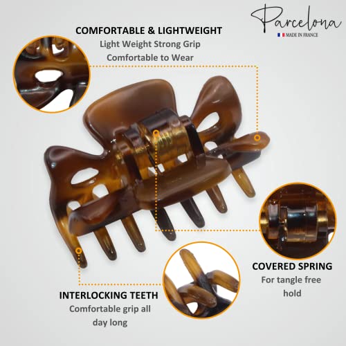 Parcelona French Classic Small 1 1/2" Celluloid Acetate No Slip Grip Covered Spring Jaw Hair Claw Clip For Women Durable Styling Hair Accessories Women Strong Hold Girls Hair Claw Clips, Made In France (Savana-Tortoise Shell) #TOP2