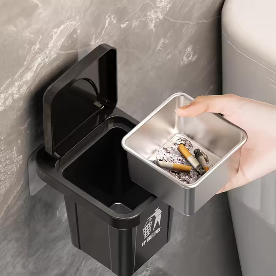 VIVITO Wall-Mounted Stainless Steel Ashtray with Lid | Indoor Outdoor Cigarette Bin | Space-Saving Hygienic Smoking Box for Home, Office, Hotel, Café & Public Spaces (MultiColor, Pack of 2) 1
