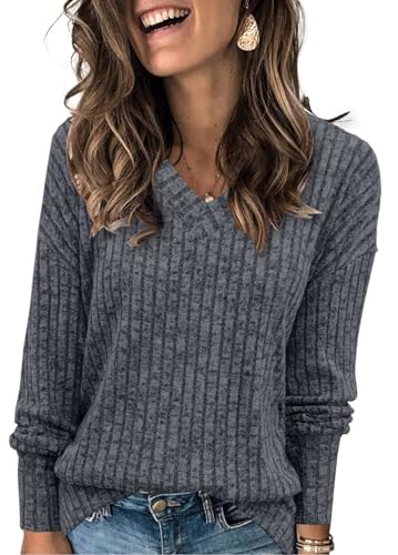 Image of Womens Sweaters V Neck Long Sleeve Shirts Loose Casual Fall Fashion Sweatshirts