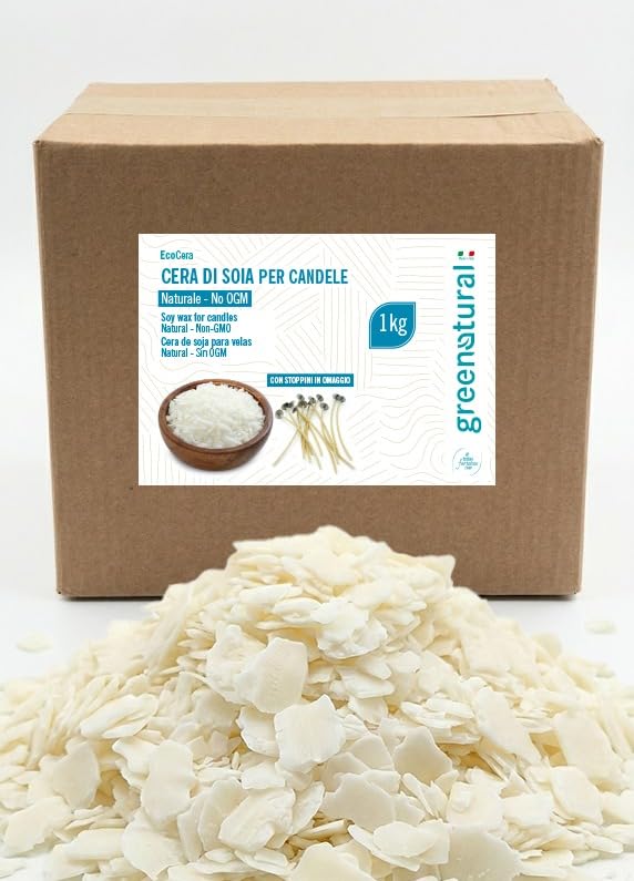 Greenatural 1 kg Cera di Soia per Candele + 10 Stoppini Omaggio | Cera di Soia Naturale per Candle Making, Candele Profumate Fai da Te, Cera Vegetale per Candele Artigianali, DIY
