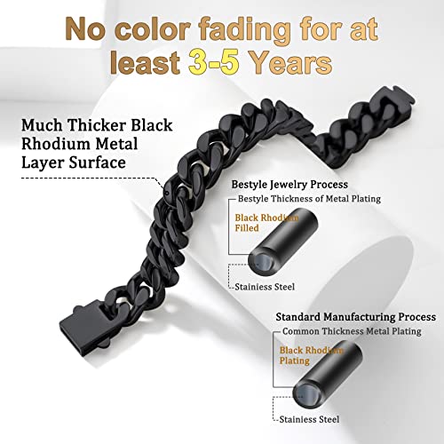 12Mm Black Metal Filled Chunky Miami Cuban Chains Bracelets Hip Hop Punk Jewelry Stainless Steel Big Heavy Long Curb Cuban Link Chain Bracelet For Men & Women 23Cm/9.1Inch #TOP4