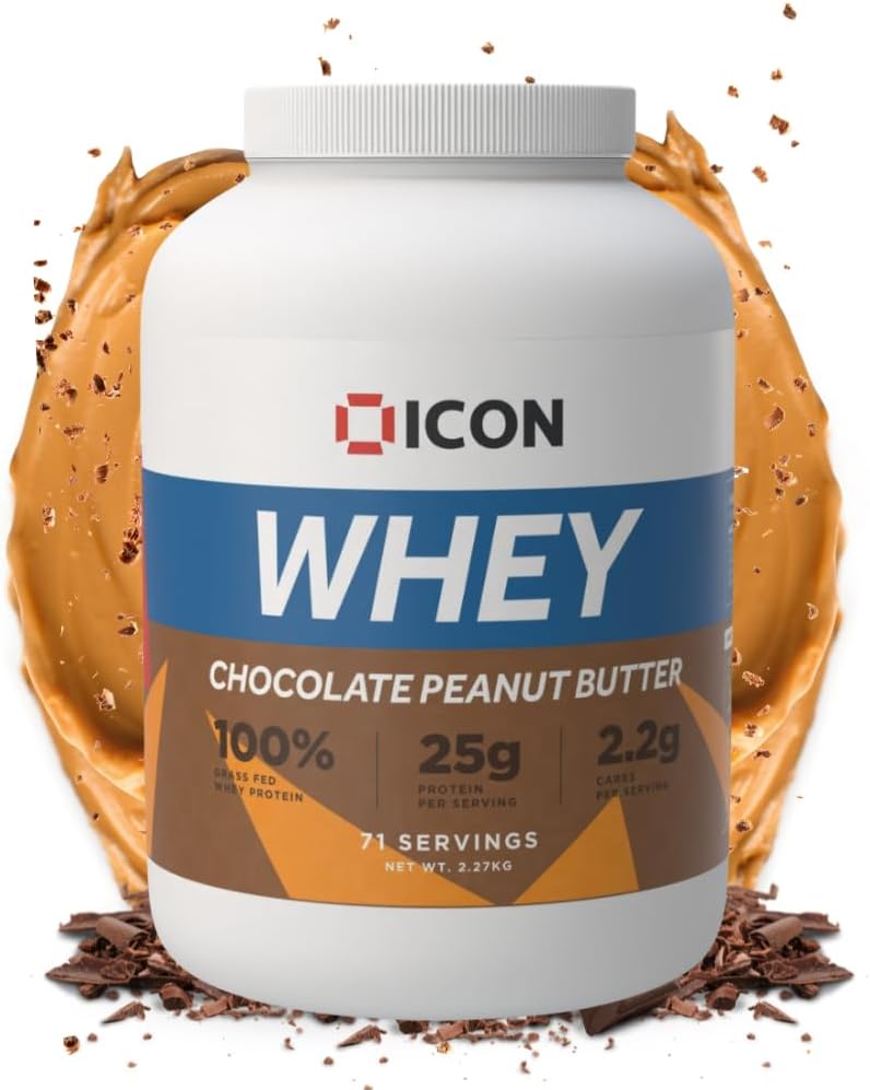 ICON Nutrition Whey Protein Powder — Chocolate Peanut — High Protein, Grass Fed, Low Carbs & Fat, Complete Amino Acid Profile, Cold Shakes or Mix with Foods — 2.27kg, 71 Servings