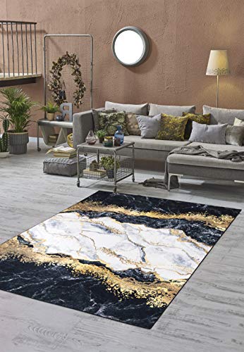 TEPPIA Teppich DECONOVA Creme Gold SCHWARZ MODERN WASCHBAR MARMOR KURZFLOR NEU 2115 Cover