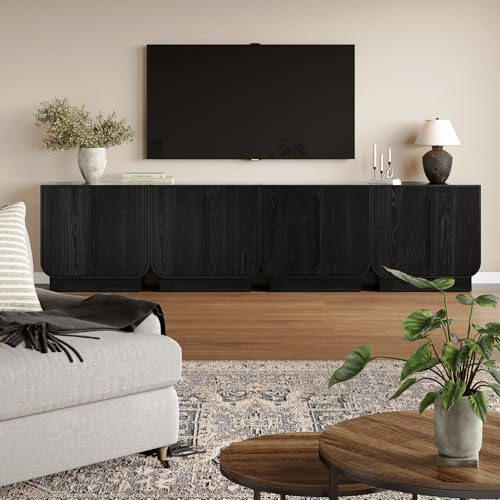 Image of Nathan James Joey Mid Century Modern Buffet Sideboard Storage Cabinet, Arched Accent Cabinet with Rounded Bottom Edges and Integrated Door Pull Cutouts, Black Oak, Set of 4