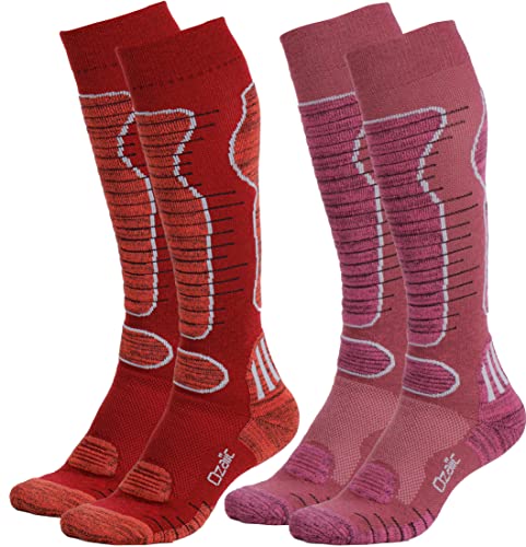 Merino Wool Ski Socks Mens Womens 2 Pairs for Skiing, Snowboarding, Thermal Knee High Winter Warm Sports Performance Socks, 2 Pairs-purple+orange, Large
