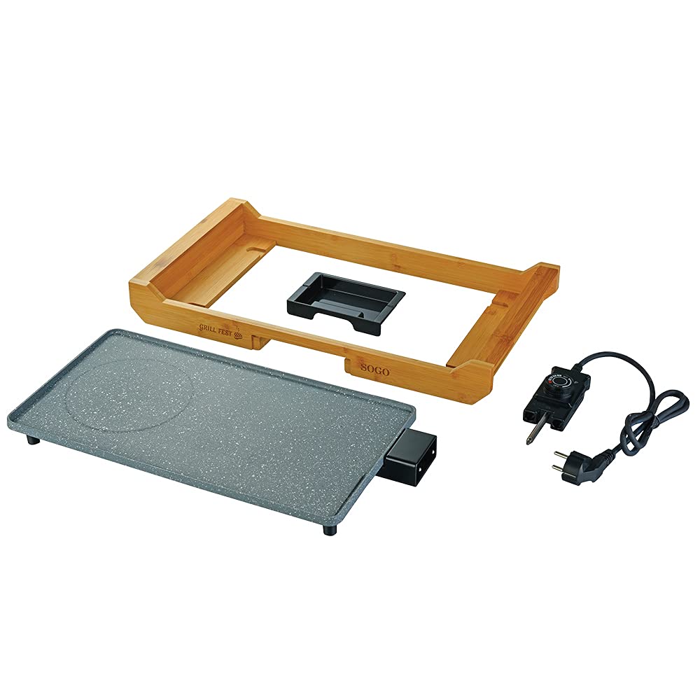 SOGO Piastra elettrica grill 43x23 cm con rivestimento antiaderente effetto pietra e base in bambù 2200W