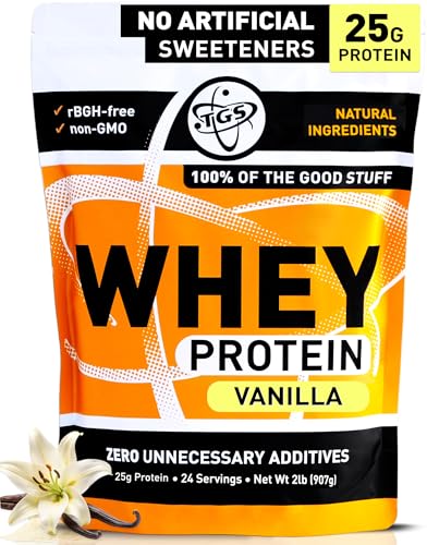TGS Nutrition Vanilla Whey Protein Powder 2lb - No Artificial Sweeteners, All Natural Ingredients, Undenatured, No Stevia, Non GMO - 25g Protein for Women & Men Shakes, Smoothies - Aids Muscle Gain