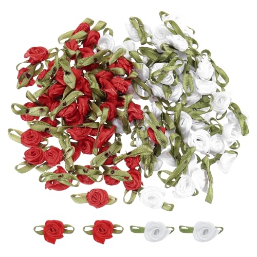 QUARKZMAN 100Pz Mini Rose Finte Bianco/Rosso 1.5x3cm Fiori Artificiali Mini Rose Nastro Finti per Decorazioni Cucito Applicazioni Lavoretti Piccoli Fiocchi in Raso Fiori