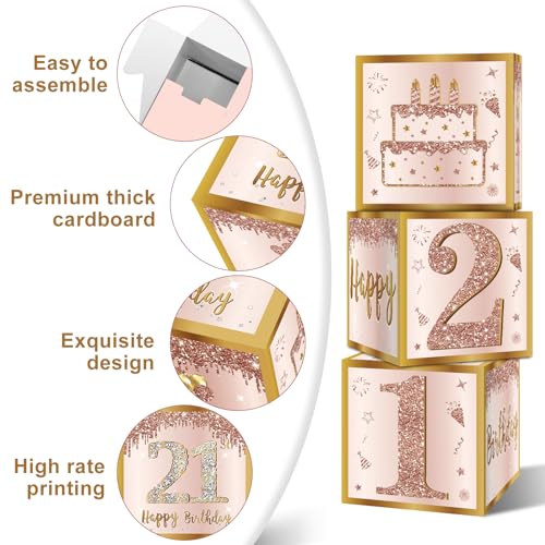 Image of Guiruiy 3Pcs 21st Birthday Decorations Boxes for Women, Pink Rose Gold 21st Birthday Balloons Boxes Party Supplies, Pink Twenty-One Year Old Bday Theme Cardboard Box Decor