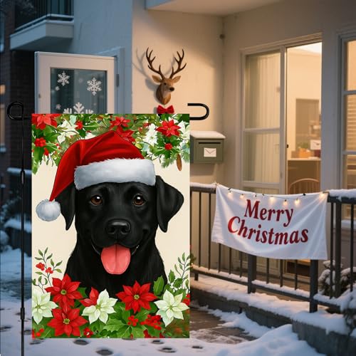 Image of BlissYard Christmas Garden Flag 12x18 Inch Black Labrador Dog Outdoor Flag Double Sided Holiday Yard Banner with Santa Hat Poinsettias and Holly Leaves for Porch Lawn Patio