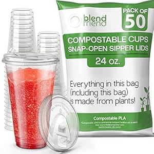[24oz, 50 pack] Compostable Cups with Lids – Made from Plants- Cups with strawless snap-open sipper lids – Green Eco Friendly Alternative to Clear Plastic Cups with Lids…