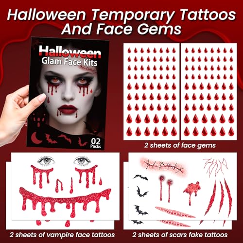 Glitter Vampire Face Tattoos with Face Gems, Halloween Costumes Accessories - image 2