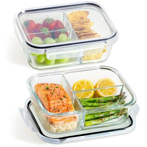 Praknu Meal Prep Boxen Glas 3 Fächer - Glasdosen 4er Set mit Deckel 1000ml - Luftdicht - BPA-Frei - Gefrierschrank & Mikrowellengeeignet