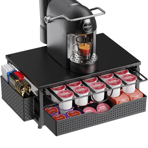 Kaffee Kapselhalter 2-Tier K Cup Halter mit 2-stufiger Schublade und 1 Hängekorb für 51 große oder 73 kleine Kapseln K Cup Kaffeestation Organizer Zubehör für Theke Büro Küche (Schwarz)