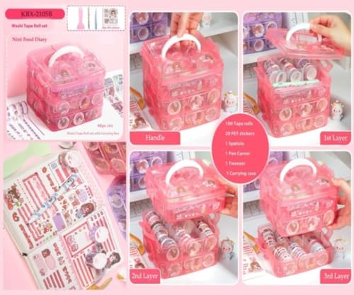 Image of Washi Tape Set - 100 Pcs Decorative Designer Tapes + 20 Kawaii Stickers, Tweezer, Pen, Spatula in 3-Layer Storage Box | Masking Tapes for DIY Crafts, Journaling, Scrapbooking (MODEL 2)