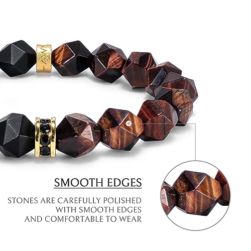 Beaded Bracelet for Men Tiger Eye Onyx Obsidian Natural Gemstones (10 mm) Premium Sterling Silver Centre Protection Charm Handmade Stretch Bracelet Gift for Men, 5.9''- 8''4