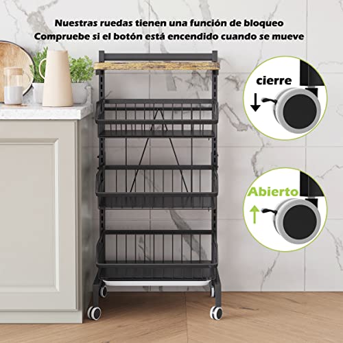 Miniatura 6 de Covaodq Carrito Cocina,Carro De 4 Niveles Con De Cesta Ruedas Bloqueables,Para El Hogar,Restaurante Tabla De Madera