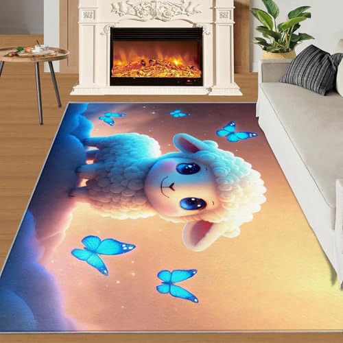 Niedlicher Schaf-Teppich, 152,4 x 304,8 cm, blauer Teppich für Schlafzimmer, Küchenteppich mit Tiermotiv, rutschfest, waschbar, warm, weich, für Kinder, kurzfloriger Teppich für Waschküche