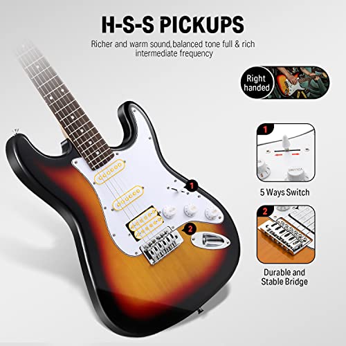 Image of Donner 39 Inch Electric Guitar Beginner Kit Sunburst Full-Size Starter Package HSS Pick Up with All Accessories Amp Online Lesson Bag Tuner Capo Strap String Amp Cable Picks DST-100S
