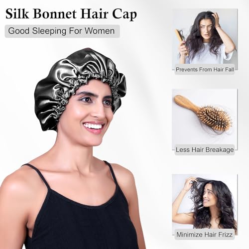 Image of GLUN Hair Bonnet Cap with 3 Satin Scrunchies Black Colour Combo, Soft Satin Cloth Bonnet Cap Prevents Hair Breakage, Sleep Cap for Frizz Control & Moisture Retention, Ideal for Curly & Natural Hair