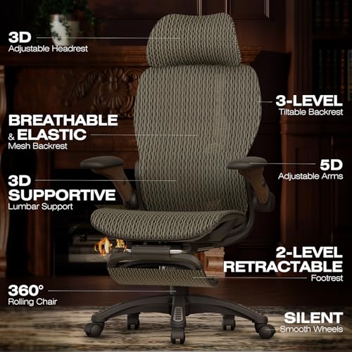 ELABEST X100 Ergonomic Office Chair with Footrest, Big and Tall Home Desk Chair with 5D Flip-Up Arms, Adjustable 3D Lumbar Support,High Back Rolling Computer Chair, Swivel Mesh Chairs (Coffee Break) - Image 2
