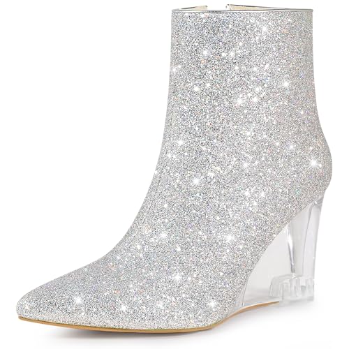 Perphy Clear Heels Boots Sequin Pointed Toe Glitter Wedge Heels Ankle Boots for Women