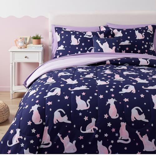 Full Size Comforter Set for Girls-4 Pieces Cat Patterns Full Bedding Set with 1 Comforter, 1 Decor Pillow &2 Pillow Shams