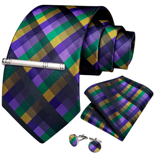 Image of DiBanGu Plaid Ties for Men Silk Checkered Necktie and Pocket Square Cufflinks Tie Clip Set with Gift Box for Wedding Business