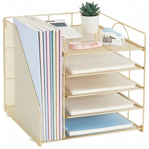 LEKETREE Schreibtisch-Organizer und Zubehör, 5-stöckige Papier-Briefablage mit Aktenhalter, Bürobedarf für Frauen, Schreibtischzubehör und Arbeitsplatz-Organizer (Gold)