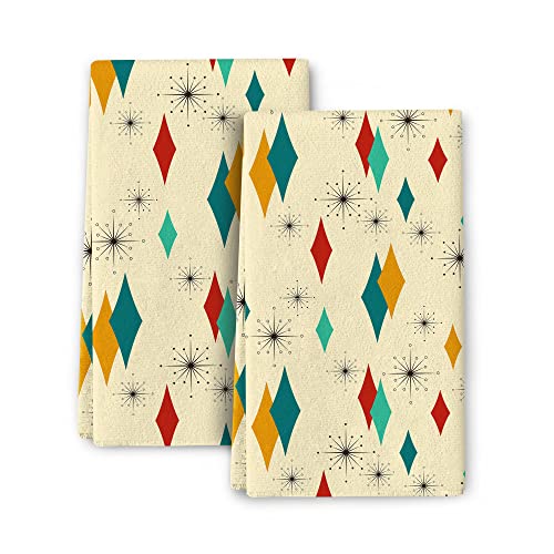 Bapcoku Mid Century Modern Retro Kitchen Towels Decorative Set Absorbent Dish Clothes 2 Piece Geometric Diamond Geometry Yellow Hand Towels 16X24 In #TOP14