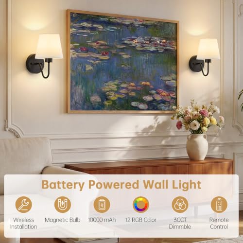 Image of Lightania Battery Operated Wall Sconces Set of 2, Black Rechargeable Wall Lights with 10000mAh Dimmable Bulbs & Remote Control, 15 Colors Wireless Wall Lamps for Bedroom Living Room Hallway Decor