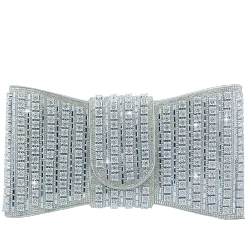 Boutique De FGG Bolsa clutch de strass prata para mulheres, formal, festa, cristal, bolsa de mão com laço para noite, bolsa de formatura, pequena, Preto, Mini