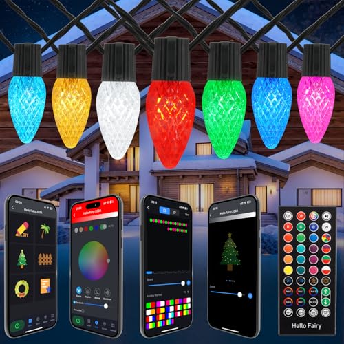 Christmas Outdoor Lights C9 99FT 150 LEDs, Smart APP Remote Control RGB String Lights Plug in, DIY Chasing Xmas Lights, Color Changing with Timer & Music Sync for Holiday Xmas Tree Decoration