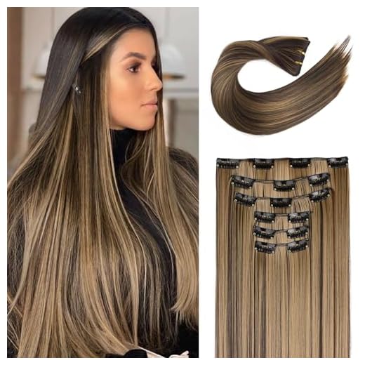 FLUFYMOOZ 6PC Clip in Hair Extensions, 6-teiliges Clip-in-Haarverlängerungsset, 61 cm, glatt, lang, Extensions für Frauen, synthetisches Haarteil (Schokoladenbraun mit blonden Highlights)