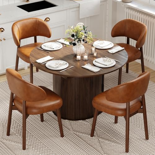 Image of MALOL 47 inch-63 inch Extendable Round to Oval Dining Room Table Chairs Set for 4-8, Modern Wooden Kitchen Table and Chairs with Hidden Storage and Fluted Design for Dining Room /Small Space(Walnut and Brown)