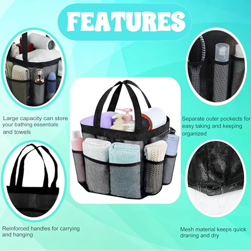 Attmu Portable Caddy with 8 Mesh Storage Pockets, Quick Dry Shower Tote Bag Oxford Hanging Toiletry and Bath Organizer for Shampoo, Conditioner, Soap and Other Bathroom Accessories, Black