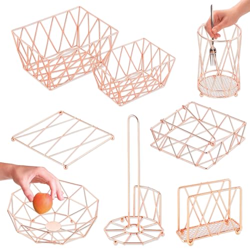 K Aktual Set de Cocina 8 Piezas en Metal, Servilletero, Servilletero de Mesa, Fruteros de Cocina, Portarrollos Papel Cocina, Porta Rollos de Papel Cocina, Accesorios Cocina, Cubertero, Color Cobre
