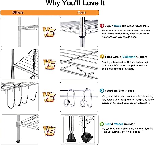 Devo Storage Shelf Metal Storage Shelves With Wheels, Stainless Steel Standing Shelf For For Kitchen, Laundry Room, (24" * 14" * 71", Silver) #TOP2