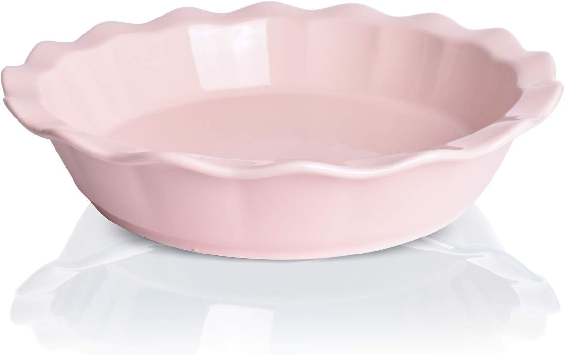 Bosmarlin Ceramic Pie Pan, 9 Inches Pie Dish, 50 oz, Pie Plate for Baking, Microwave, Oven Safe and Dishwasher safe (Pink, 9 inches)