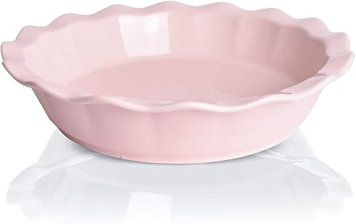 Bosmarlin Molde de cerámica para tartas de 9 pulgadas, 50 onzas, plato para tartas para hornear, microondas, apto para horno y lavavajillas (rosa, 9