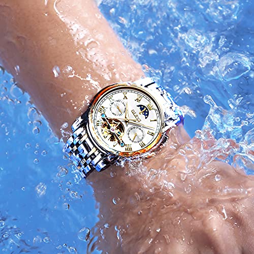 Image of OLEVS Self Winding Watches for Men Automatic Mechanical Skeleton Luxury Dress Waterproof Moon Phase Tourbillon Chronograph Stainless Steel Luminous Wristwatch