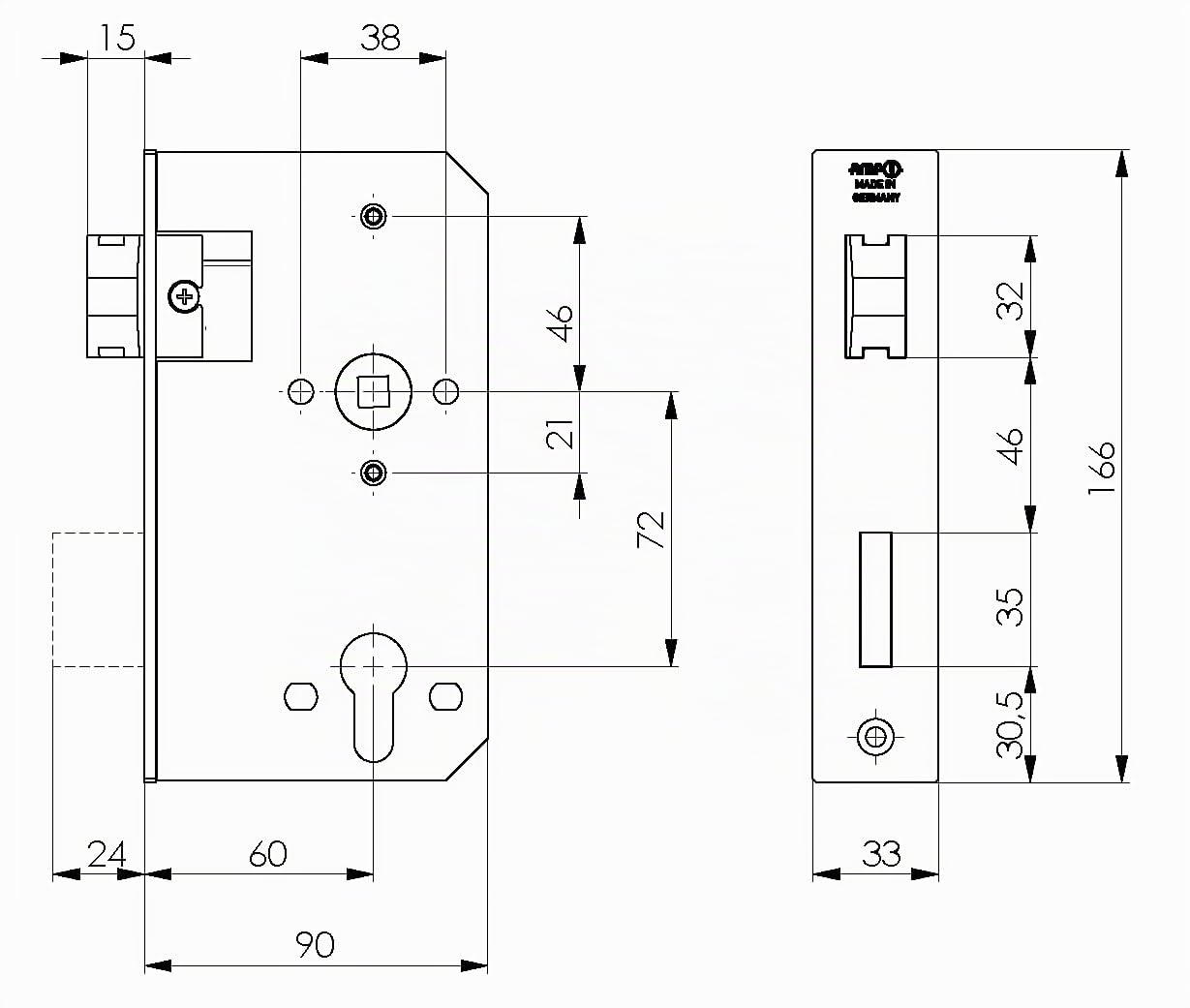 AMF Ersatzschloss 140U (für Schlosskasten 40mm, Dornmaß 60mm, verzinkter Stahl-Einsteckschloss, umdrehbarer Fallenkopf, 3mm vorstehend, vorgerichtet für Profilzylinder) 567276