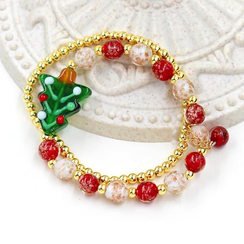 Image of 2 Christmas Couple Bracelets, Santa /Christmas Starfish /Christmas Tree Charm and 4mm Brass Beaded Stretch Bracelet for New Year Gifts for Family and Friends