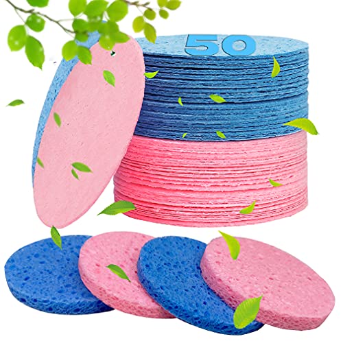 50-Count Compressed Facial Sponges for Estheticians- 100% Natural Cellulose Face Sponge Spa Sponges for Face Cleansing, Massage, Pore Exfoliating, Mask, Makeup Removal (Blue+Pink)