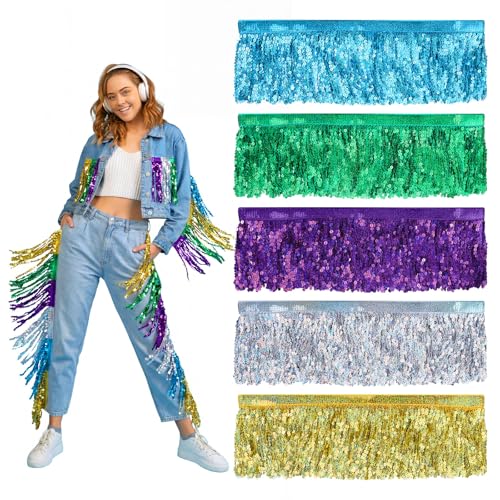 Lyrow 25 Yards Mardi Gras Sequin Fringe Trim 6'' Sequin Chainette Tassels Sewing Trim for Mardi Gras DIY Costumes Sewing Parade Dress Clothing Decor Party Decorations