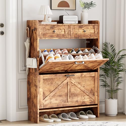 Image of Shoe Cabinet with 2 Flip Drawers & 2 Top Drawers, 43 inch Tall Freestanding Narrow Wooden Shoe Storage Organizer for Entryway, Hidden Slim Shoe Rack for Front Door Entrance, Hallway, Living Room, Brown