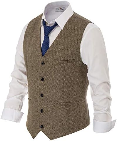 PJ PAUL JONES Mens Herringbone Wool Tweed Vest Western V-Neck Slim Fit Suit Vests Coffee XL