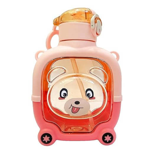 HealthyBee Cute Teddy Bear Water Bottle for Girls – 1L Leak-Proof Plastic Bottle with Cartoon Print – Kids Gift, Birthday Present, Designer School Bottle (Pink)