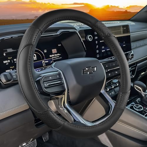 Steering Wheel Cover for Chevy 14.5-15 inches - Non-Slip Grip, Rugged Durability & Interior Upgrade for Chevrolet Silverado, Tahoe, Equinox,Traverse,Colorado (Black-Standard Size)