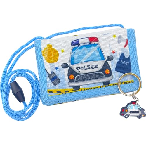 Bikasun Brustbeutel Kinder Polizeiwagen mit Schlüsselanhänger, Geldbörse Geldbeutel für Jungen, Polizeiauto Geldbeutel zum umhängen, Polizei Brieftasche Kleine, Weihnachten Geburtstag Geschenk